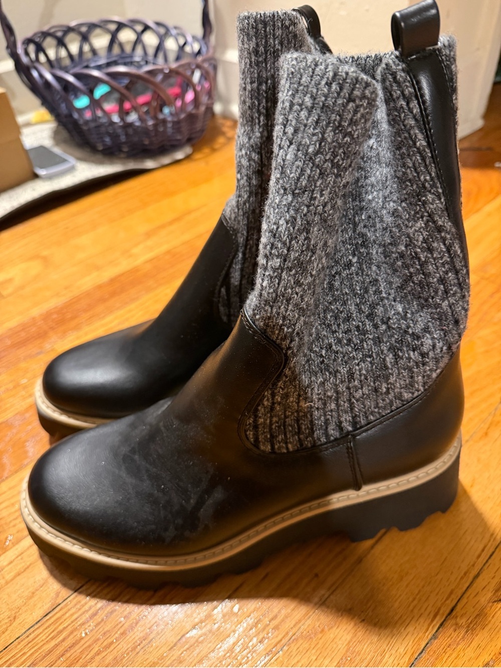 Dolce Vita Black Leather Ankle Boots with Gray Knit Shaft